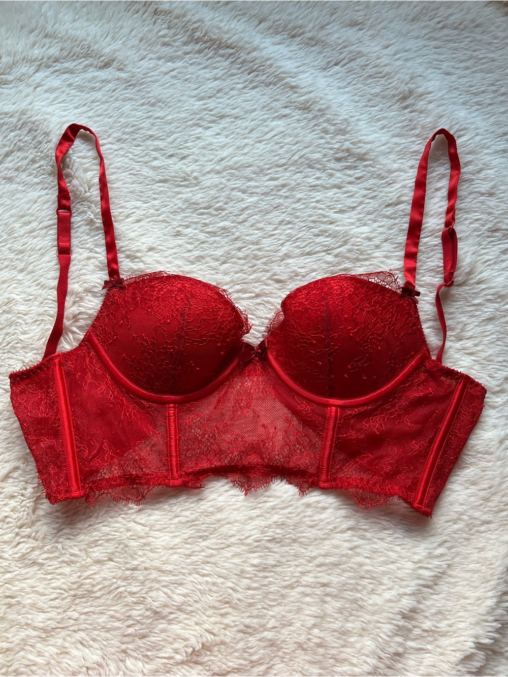 Victoria’s Secret Longline Bra Red Size 34B Bustier Lace Nude V Cut Demi Corset